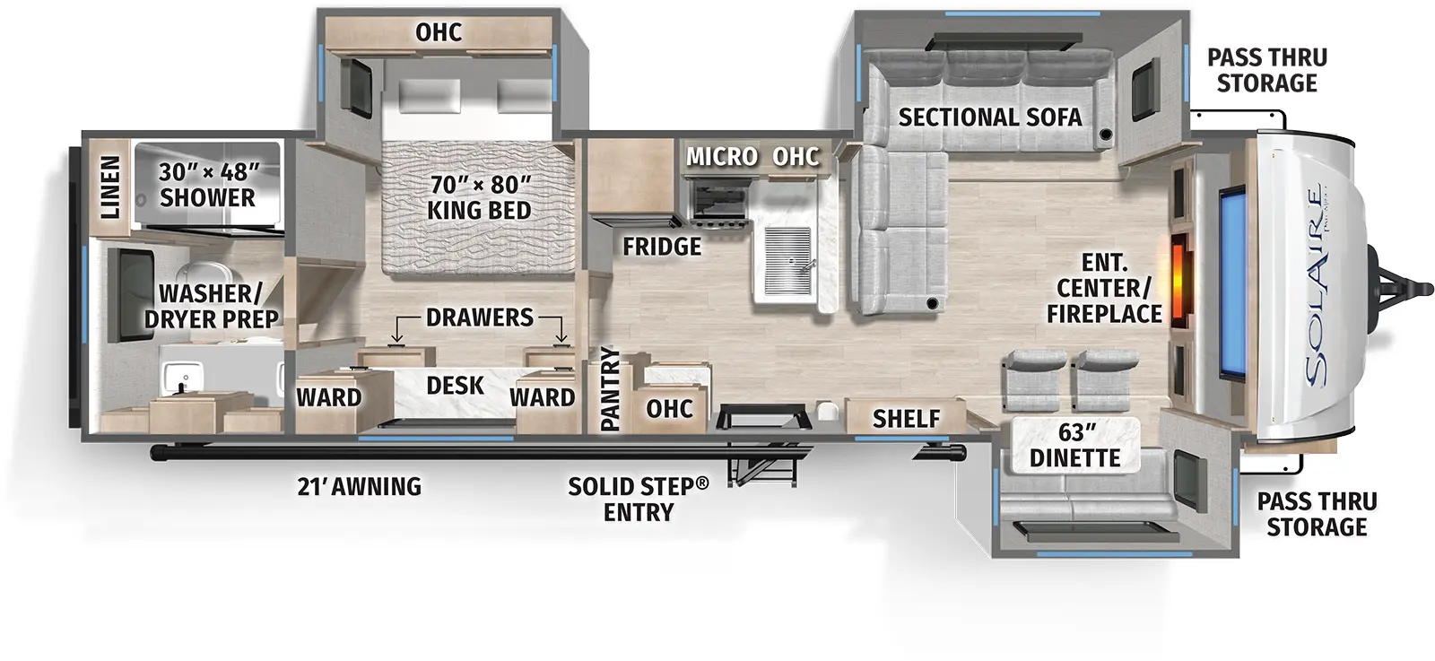 The SolAire Ultra Lite 3300FLBS floorplan has one entry and three slide outs. Exterior features include: fiberglass exterior and 21' awning. Interiors features include: front living and rear bathroom.